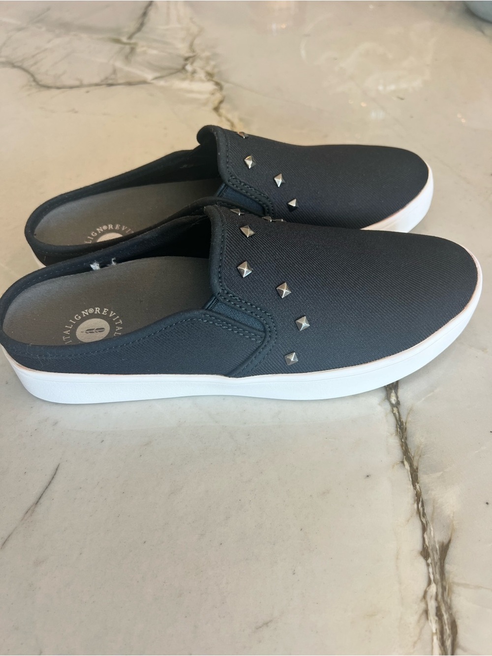 REVITALIGN Canvas Black Slip-On Studded Mules